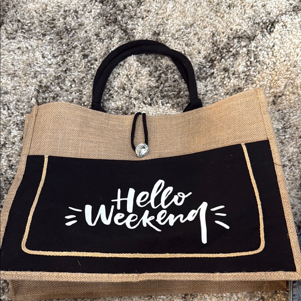 Hello Weekend Black and Tan Tote Bag